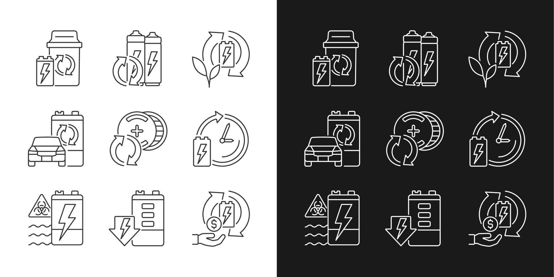 Lineare Symbole für die Batterieverarbeitung, die für den Dunkel- und Hellmodus eingestellt sind. Akkumulatoren wiederverwenden. Recycling-Technologie. Anpassbare dünne Liniensymbole. isolierte vektorumrissillustrationen. editierbarer Strich vektor