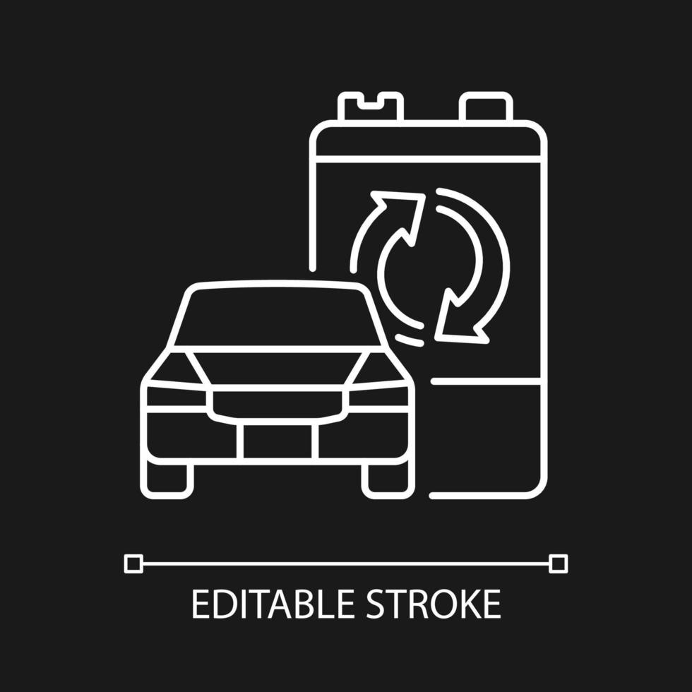 recycelbare EV-Batterie weißes lineares Symbol für dunkles Thema. Wiederverwendung von Akkumulatoren für Elektrofahrzeuge. dünne linie anpassbare illustration. isoliertes Vektorkontursymbol für den Nachtmodus. editierbarer Strich vektor