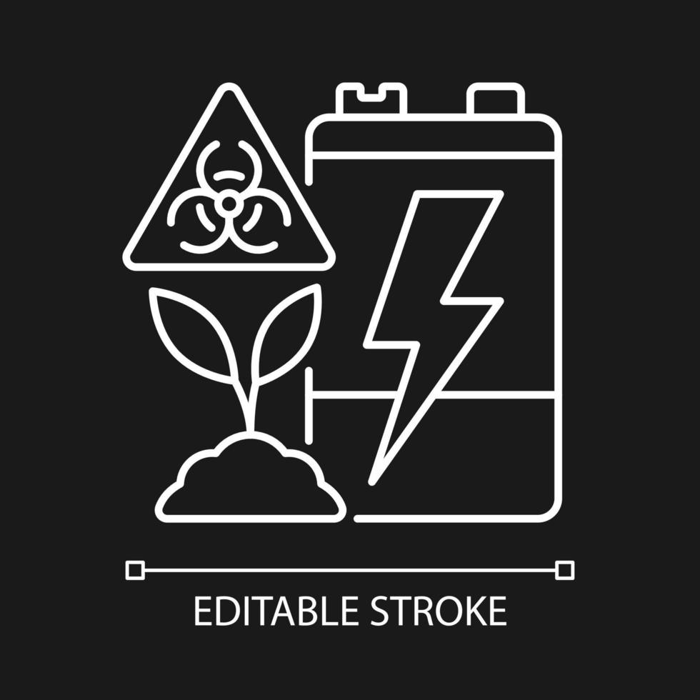 batteri jordförorening hot vit linjär ikon för mörkt tema. tungmetallföroreningar. tunn linje anpassningsbar illustration. isolerade vektorkontursymbol för nattläge. redigerbar linje vektor
