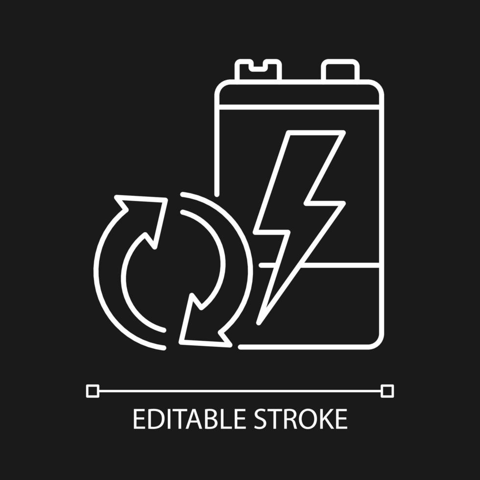 recycelbare Batterie weißes lineares Symbol für dunkles Thema. alte Akkus wiederverwenden. Materialrückgewinnung. dünne linie anpassbare illustration. isoliertes Vektorkontursymbol für den Nachtmodus. editierbarer Strich vektor