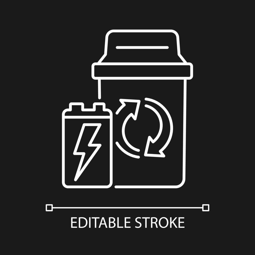 behållare för batteriavfall vit linjär ikon för mörkt tema. återvinning av elektroniskt avfall. tunn linje anpassningsbar illustration. isolerade vektorkontursymbol för nattläge. redigerbar linje vektor