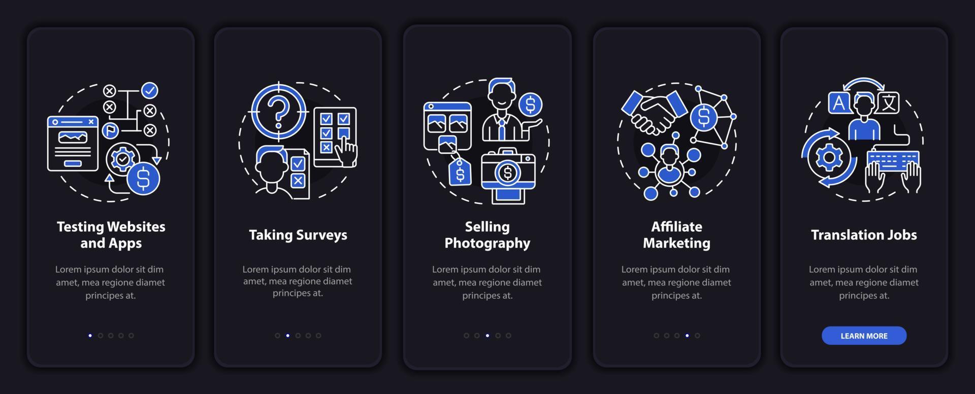 digitaler gewinnbringender onboarding-bildschirm für mobile app-seiten. Verkauf von Fotos Walkthrough 5 Schritte grafische Anweisungen mit Konzepten. ui, ux, gui-vektorvorlage mit linearen nachtmodusillustrationen vektor