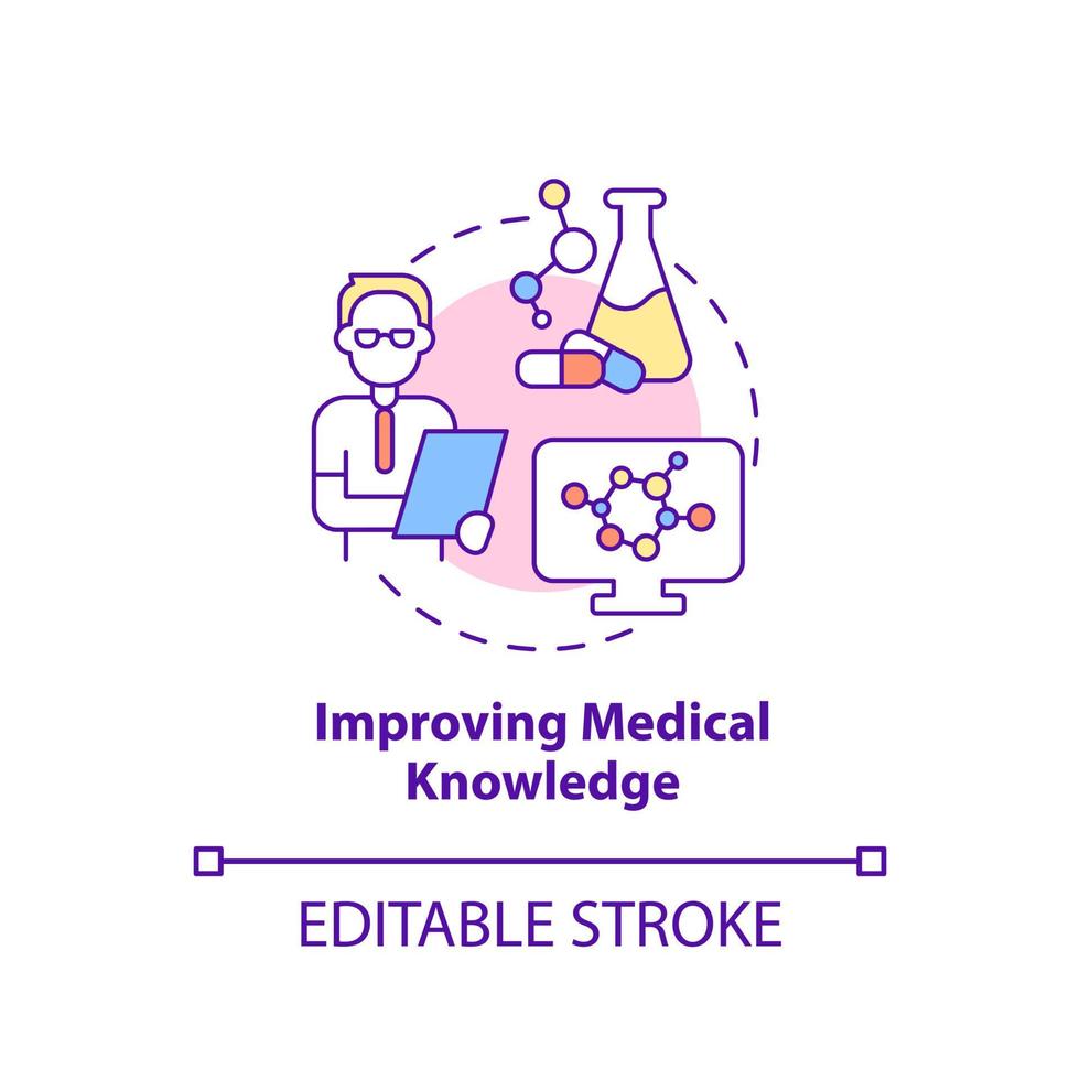 Symbol für das Konzept der Verbesserung des medizinischen Wissens. klinische studien vorteil für patienten abstrakte idee dünne linienillustration. isolierte Umrisszeichnung. editierbarer Strich. Arial, unzählige pro-fette Schriftarten verwendet vektor