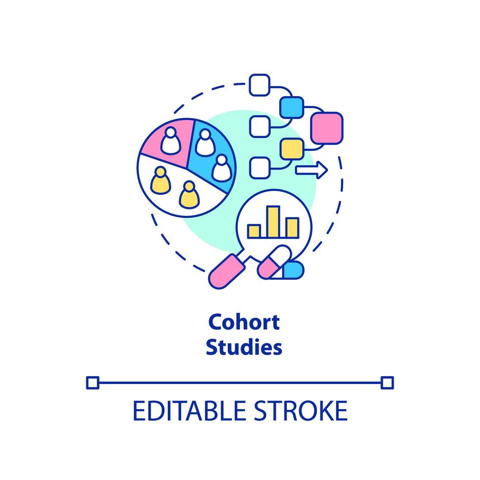 Konzeptsymbol für Kohortenstudien. Test der Patientengruppe. klinische studien geben abstrakte idee dünne linienillustration ein. isolierte Umrisszeichnung. editierbarer Strich. Arial, unzählige pro-fette Schriftarten verwendet vektor