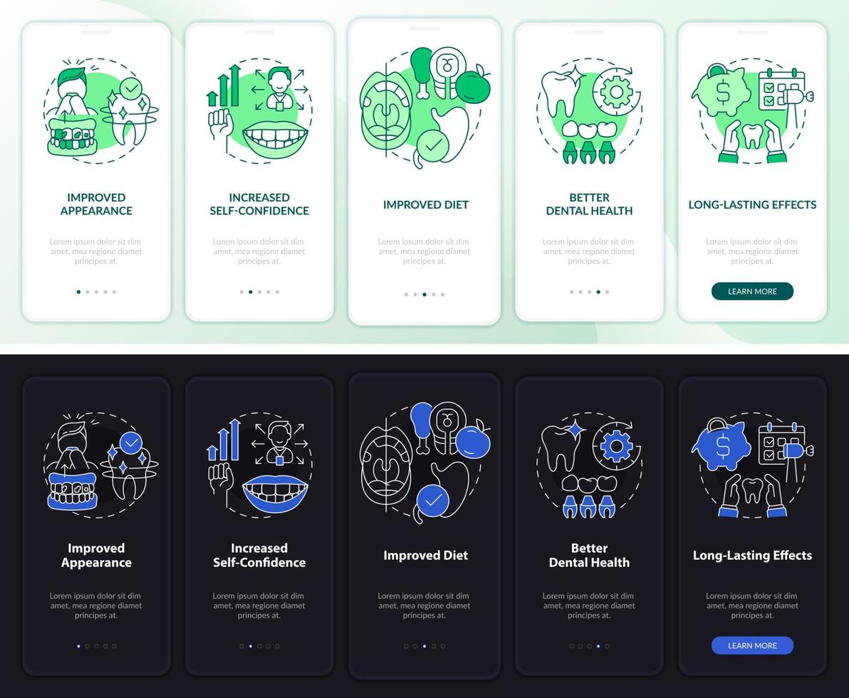 Zahnverbesserungsprofis Nacht- und Tagmodus beim Onboarding des mobilen App-Bildschirms. Komplettlösung 5 Schritte grafische Anleitungsseiten mit linearen Konzepten. ui, ux, gui-Vorlage. Unzählige pro-fette, normale Schriftarten werden verwendet vektor