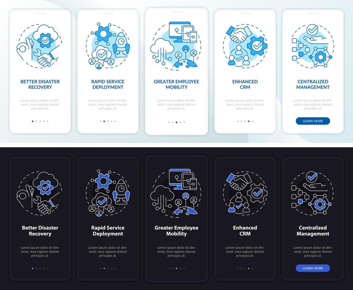 ucaas Vorteile Tag- und Nachtmodus beim Onboarding des Bildschirms der mobilen App. Tech Walkthrough 5 Schritte grafische Anleitungsseiten mit linearen Konzepten. ui, ux, gui-Vorlage. Unzählige pro-fette, normale Schriftarten werden verwendet vektor