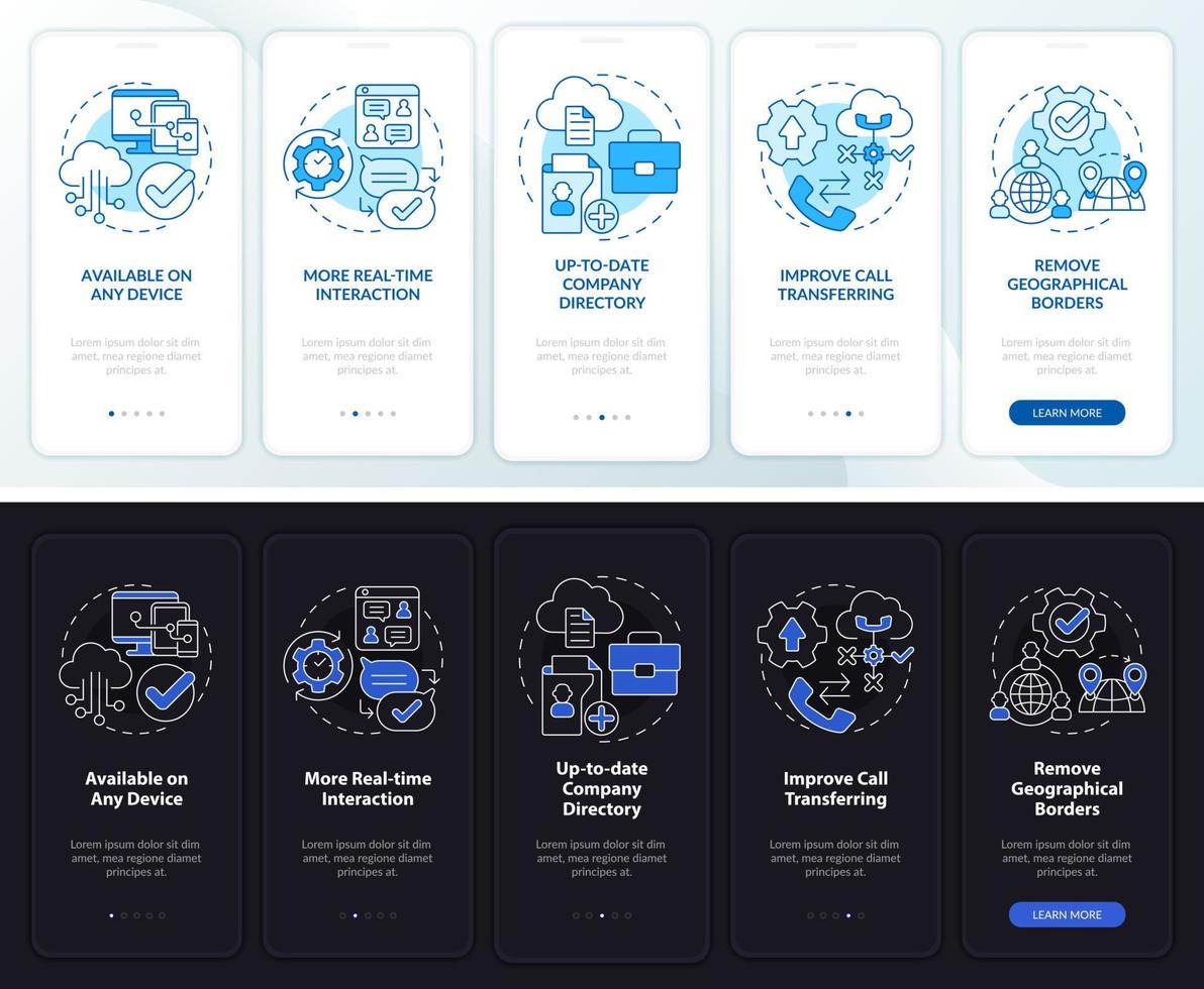 ucaas profitiert vom Tag- und Nachtmodus beim Onboarding des mobilen App-Bildschirms. Business Walkthrough 5 Schritte grafische Anleitungsseiten mit linearen Konzepten. ui, ux, gui-Vorlage. Unzählige pro-fette, normale Schriftarten werden verwendet vektor