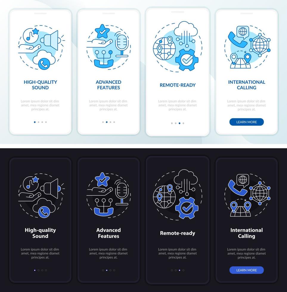 vorteile des voip nacht- und tagmodus beim onboarding des mobilen app-bildschirms. Service Walkthrough 4 Schritte grafische Anleitungsseiten mit linearen Konzepten. ui, ux, gui-Vorlage. Unzählige pro-fette, normale Schriftarten werden verwendet vektor