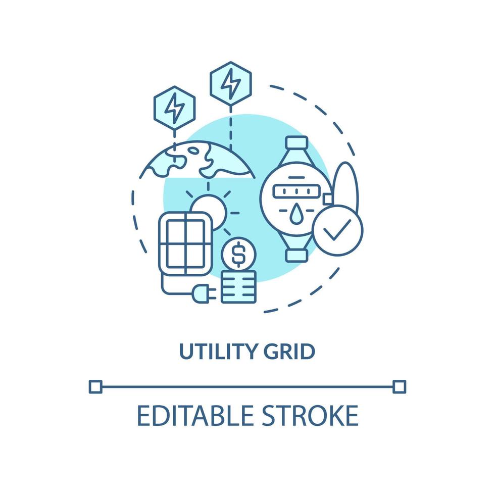 Symbol für das türkisfarbene Konzept des Stromnetzes. Solarenergiesystem. Power Purchase Agreements abstrakte Idee dünne Linie Illustration. isolierte Umrisszeichnung. editierbarer Strich. Arial, unzählige pro-fette Schriftarten verwendet vektor