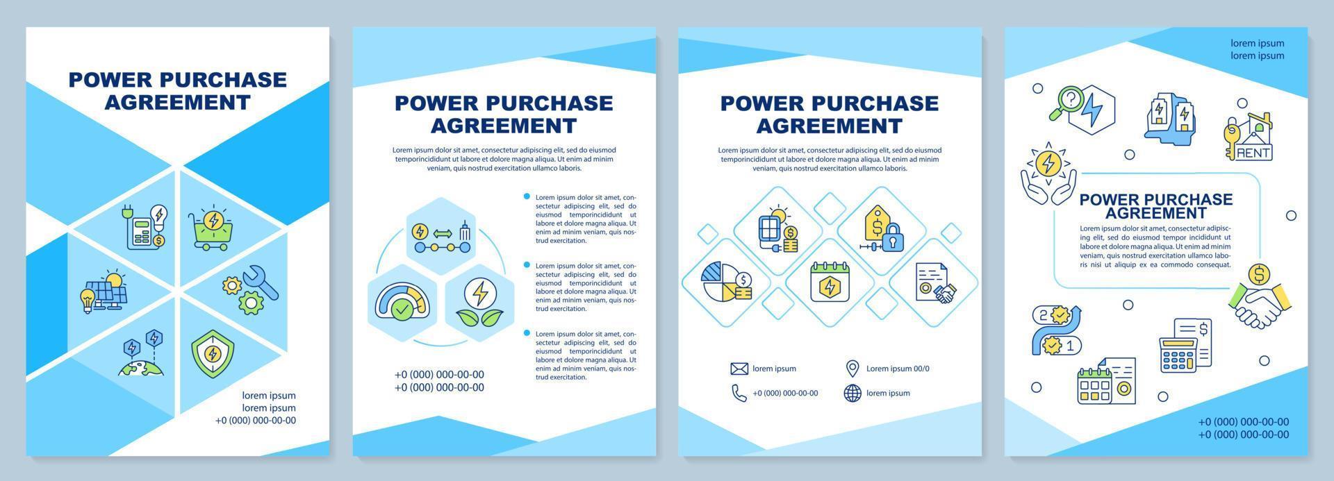 Blaue Broschürenvorlage für Stromabnahmeverträge. Energiedienstleistung. Broschürendesign mit linearen Symbolen. 4 Vektorlayouts für Präsentationen, Jahresberichte. arial-schwarz, unzählige Pro-Regular-Schriftarten verwendet vektor