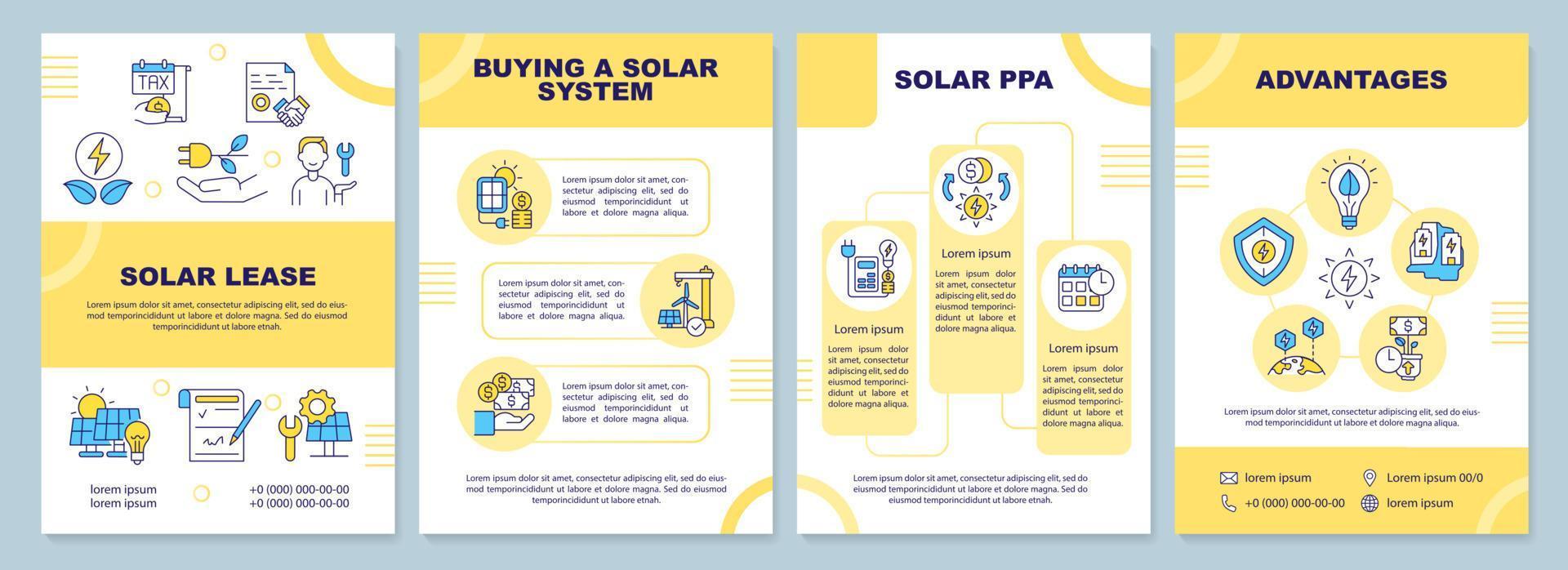 sätt att få solenergi gul broschyrmall. hållbar kraft. broschyrdesign med linjära ikoner. 4 vektorlayouter för presentation, årsredovisningar. arial-svarta, otaliga pro-vanliga teckensnitt som används vektor