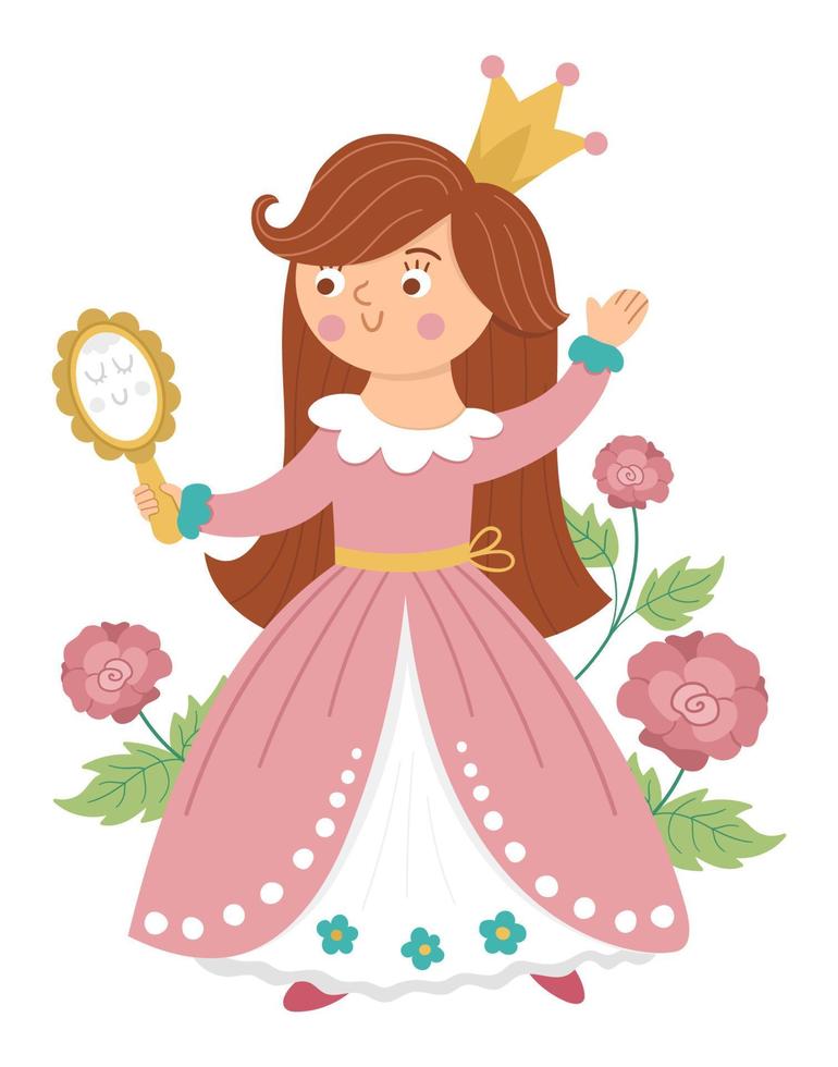 saga vektor prinsessa med spegel och rosor. fantasi flicka i krona isolerad på vit bakgrund. medeltida sagopiga i rosa klänning. flickaktig tecknad magisk ikon med söt karaktär.