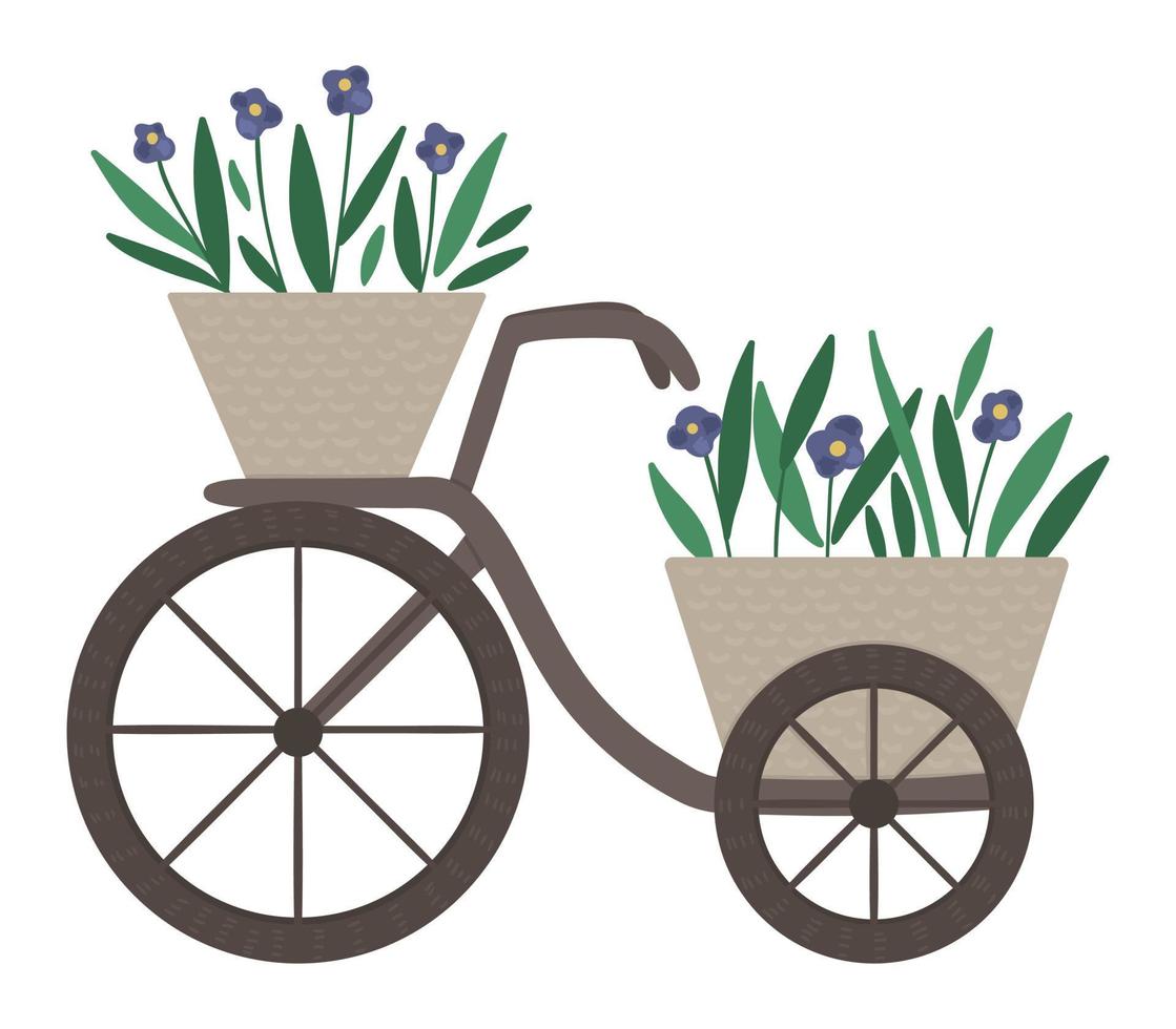 Vektor-Illustration von Blumenbeet. Garten dekoratives Retro-Blumenbeet in Fahrradform. schöne frühlings- und sommerpflanzen, kräuter und blumen. vektor