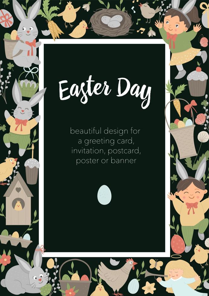 Vektor Ostern vertikalen Layoutrahmen mit Hasen, Eiern und glücklichen Kindern auf schwarzem Hintergrund. Banner oder Einladung zum Thema christliche Feiertage. süße lustige frühlingskartenvorlage.