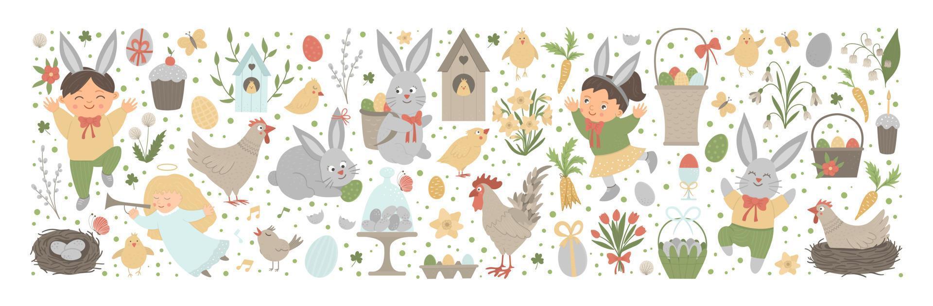 vektor påsk horisontell layoutuppsättning med kanin, ägg och glada barn isolerad på vit bakgrund. kristen semester tema banner eller inbjudan. söt rolig våren bakgrund.