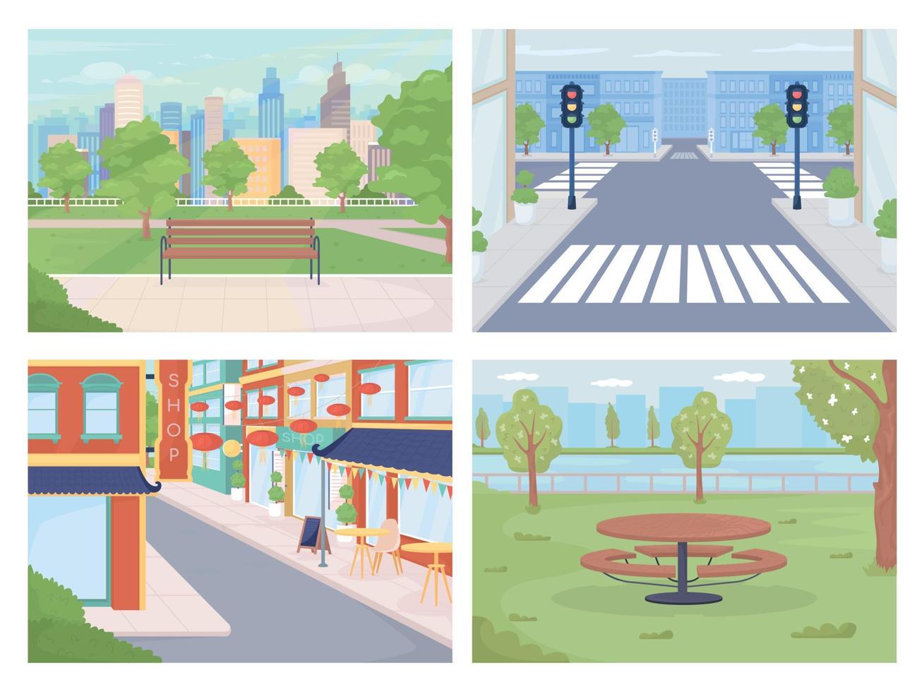 stadsområden platt färg vektor illustration set