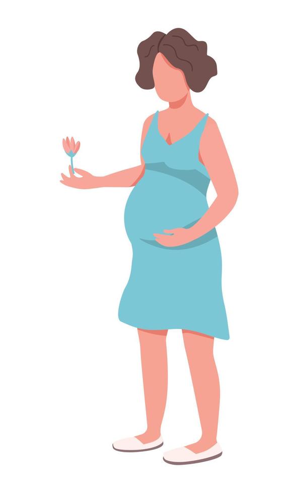glückliche schwangere frau, die halbflache farbvektorfigur der rosa blume hält vektor