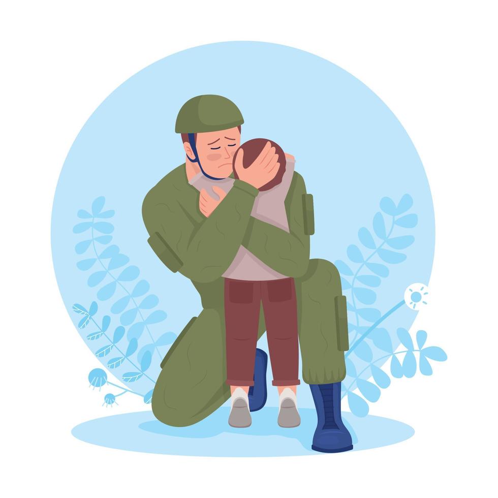 soldat umarmt seinen sohn beim abschied 2d-vektor isolierte illustration vektor