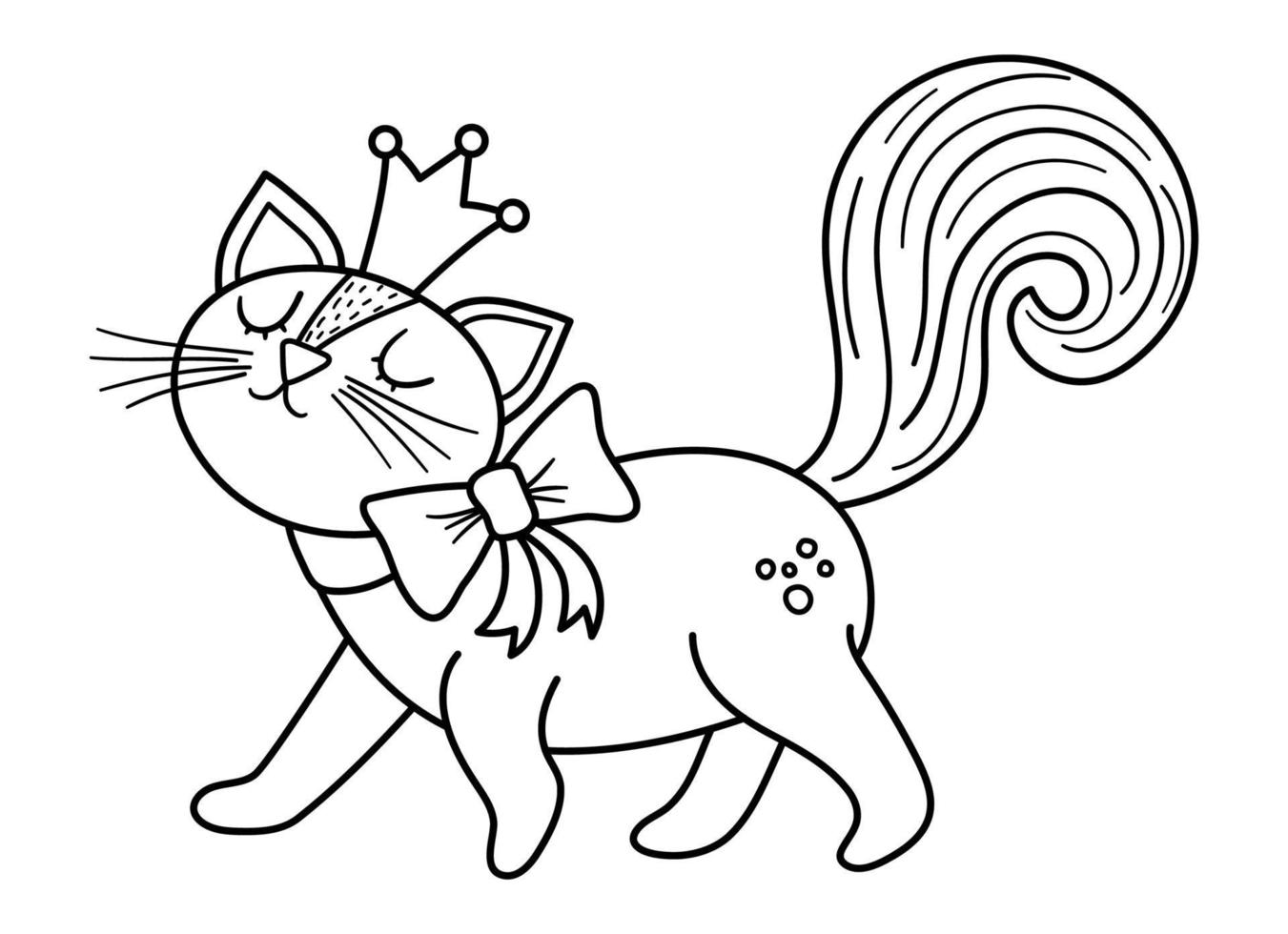 Märchen Schwarz-Weiß-Vektor Katzenprinzessin. Fantasielinie Tier in der Krone lokalisiert auf weißem Hintergrund. Märchenfigur. Cartoon magisches Symbol oder Malseite vektor