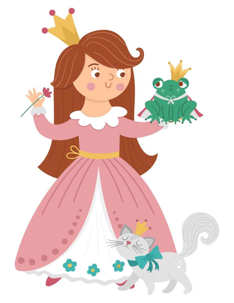 saga vektor prinsessa med groda prins och katt. fantasi flicka i krona isolerad på vit bakgrund. medeltida sagopiga i rosa klänning. flickaktig tecknad magisk ikon med söt karaktär.
