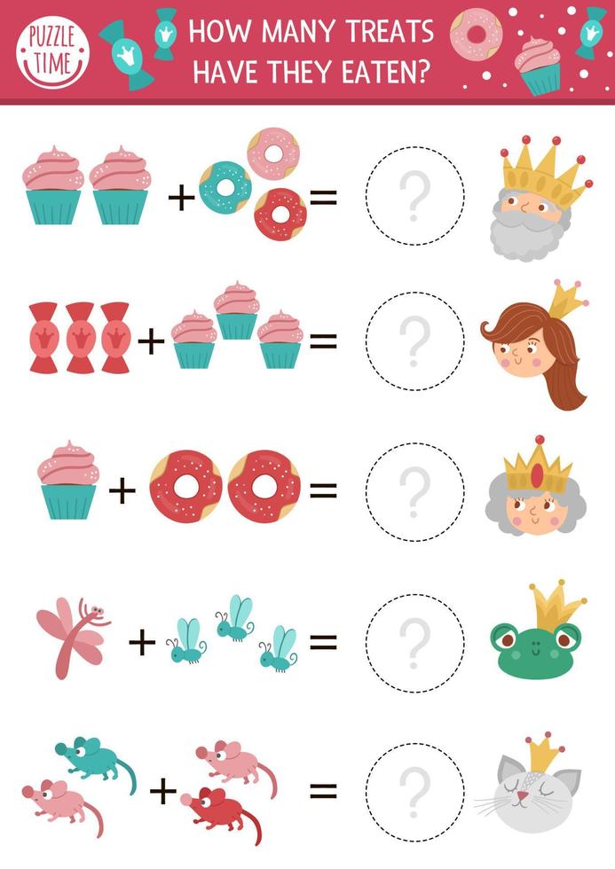 Wie viele Leckereien Spiel mit niedlichen Märchenfiguren, Donuts, Süßigkeiten. Magic Kingdom Mathe-Zusatzaktivität für Kinder im Vorschulalter. Druckbares Arbeitsblatt zum einfachen Zählen für Kinder vektor