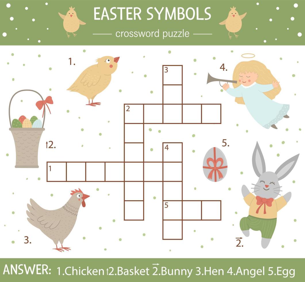 vektor påsk symboler korsord. ljusa och färgglada vårquiz för barn. pedagogisk semesteraktivitet med färgat ägg, kyckling, kanin