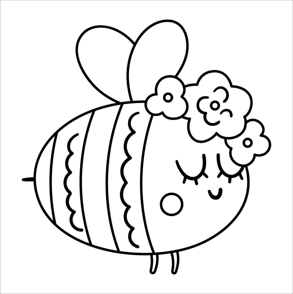 Vektor schwarz-weiße Hummel mit Blumen auf dem Kopf. niedliche böhmische Waldinsektenlinie Symbol isoliert auf weißem Hintergrund. süße Boho-Waldillustration für Karten- oder Druckdesign.