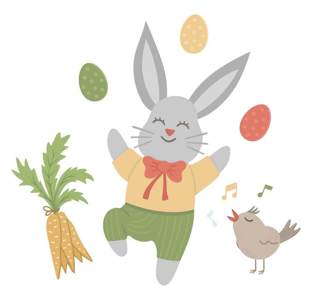 vektor platt rolig kanin med färgade ägg, morot och sjungande fågel. söt påsk illustration. vår semester bild isolerad på vit bakgrund.