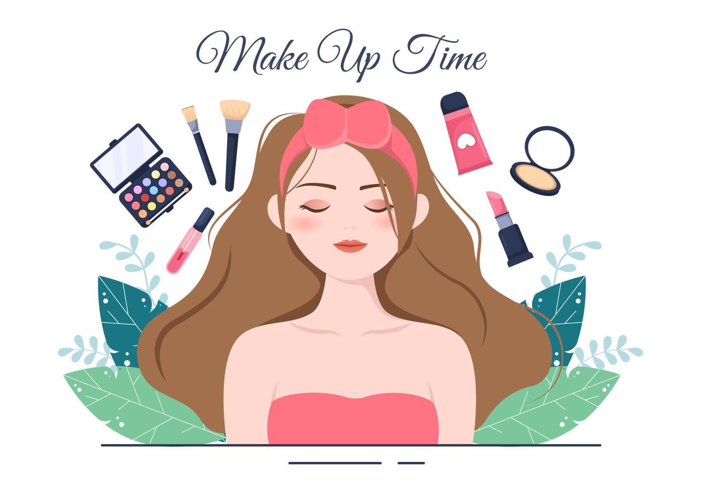 Make-up-Kosmetikkollektion von Glamour-Girls wie Nagellack, Wimperntusche, Lippenstift, Lidschatten, Pinsel oder Puder in flacher Cartoon-Vektorillustration vektor