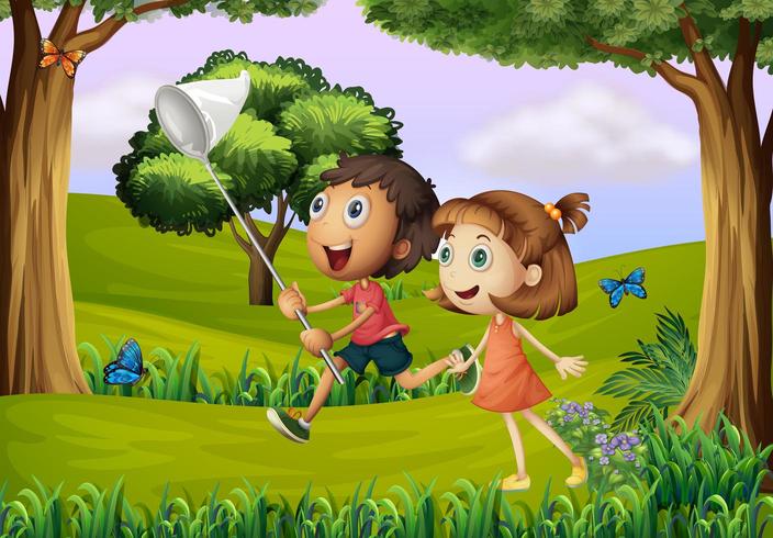 Två barn som leker i skogen med ett nät vektor