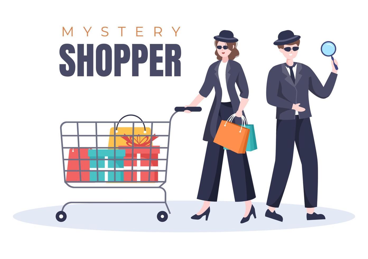 mystery shopper mit taschen in sonnenbrillen, lupe, spionagemänteln und hüten in flacher karikaturartillustration vektor