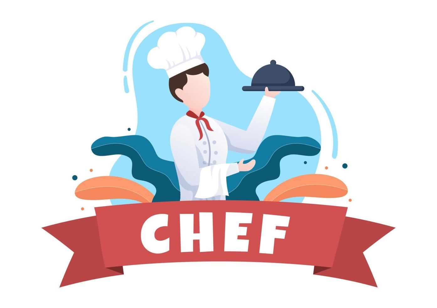 professionelle kochzeichentrickfigur, die illustration mit verschiedenen tabletts und lebensmitteln kocht, um köstliches essen zu servieren, das für poster oder hintergrund geeignet ist vektor
