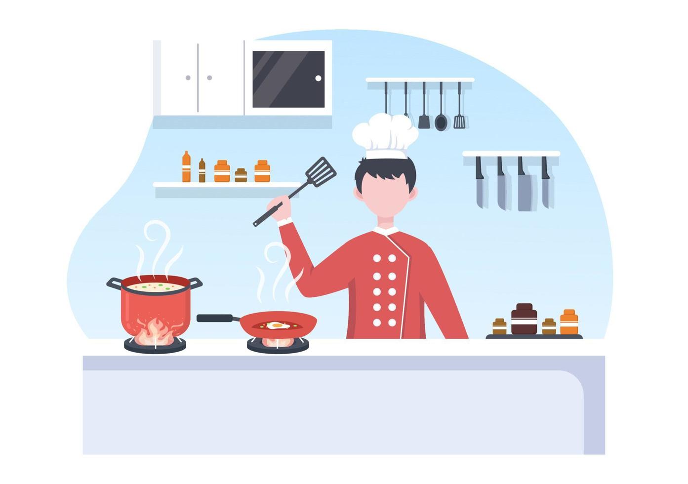 professionelle kochzeichentrickfigur, die illustration mit verschiedenen tabletts und lebensmitteln kocht, um köstliche speisen zu servieren, die in der küche hergestellt werden, die für plakate geeignet sind vektor