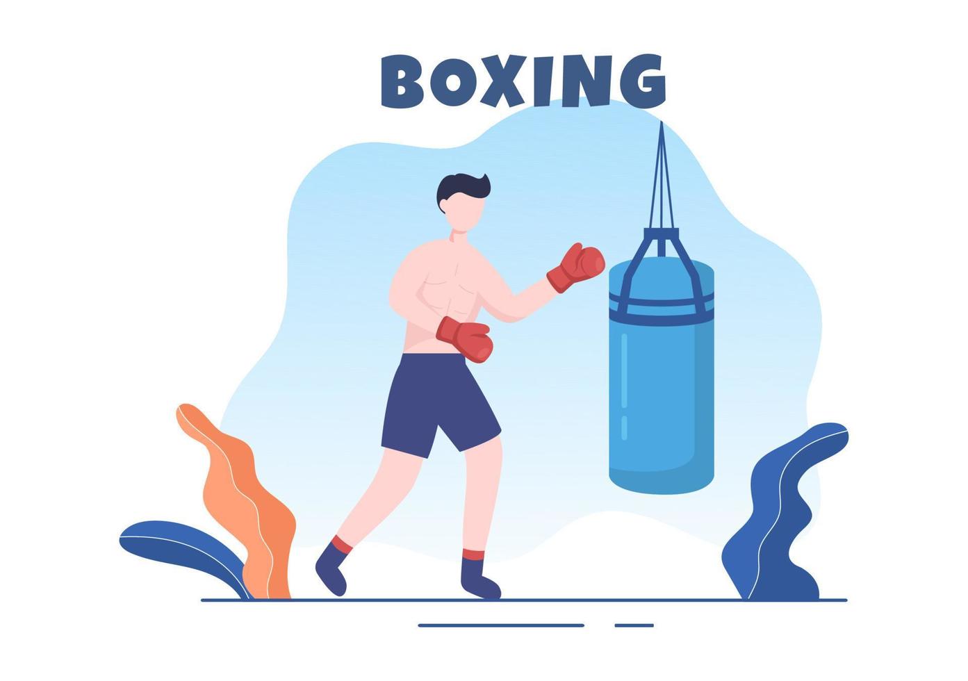 professioneller boxsport mit boxer, ring, gürtel, boxsäcken, roten handschuhen und helm beim wettkampf, sparring oder üben in flacher karikaturillustration vektor