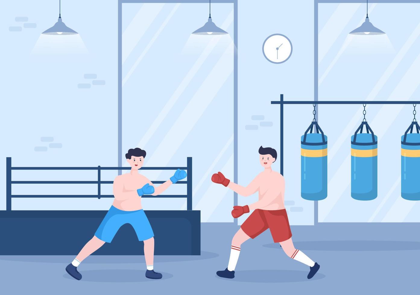 professioneller boxsport mit boxer, ring, gürtel, boxsäcken, roten handschuhen und helm beim wettkampf, sparring oder üben in flacher karikaturillustration vektor