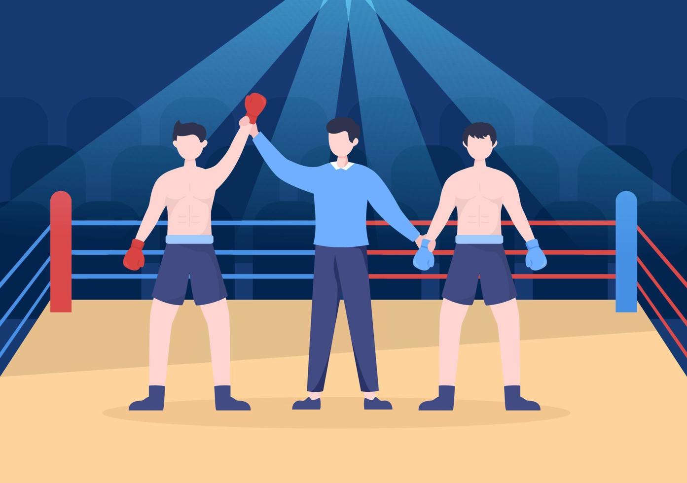 professioneller boxsport mit boxer, ring, gürtel, boxsäcken, roten handschuhen und helm beim wettkampf, sparring oder üben in flacher karikaturillustration vektor