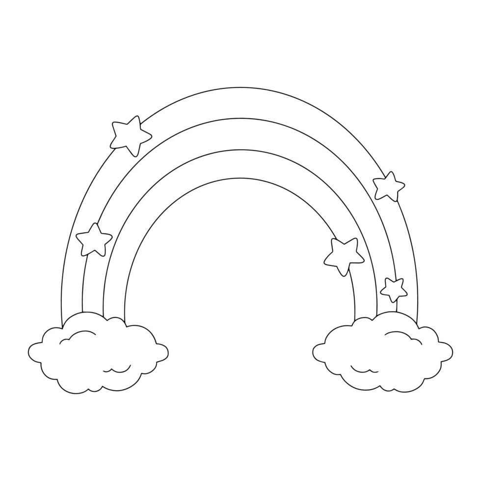 Regenbogen und Wolken. Malbuchseite für Kinder. Zeichentrickfigur. Vektor-Illustration isoliert auf weißem Hintergrund. vektor