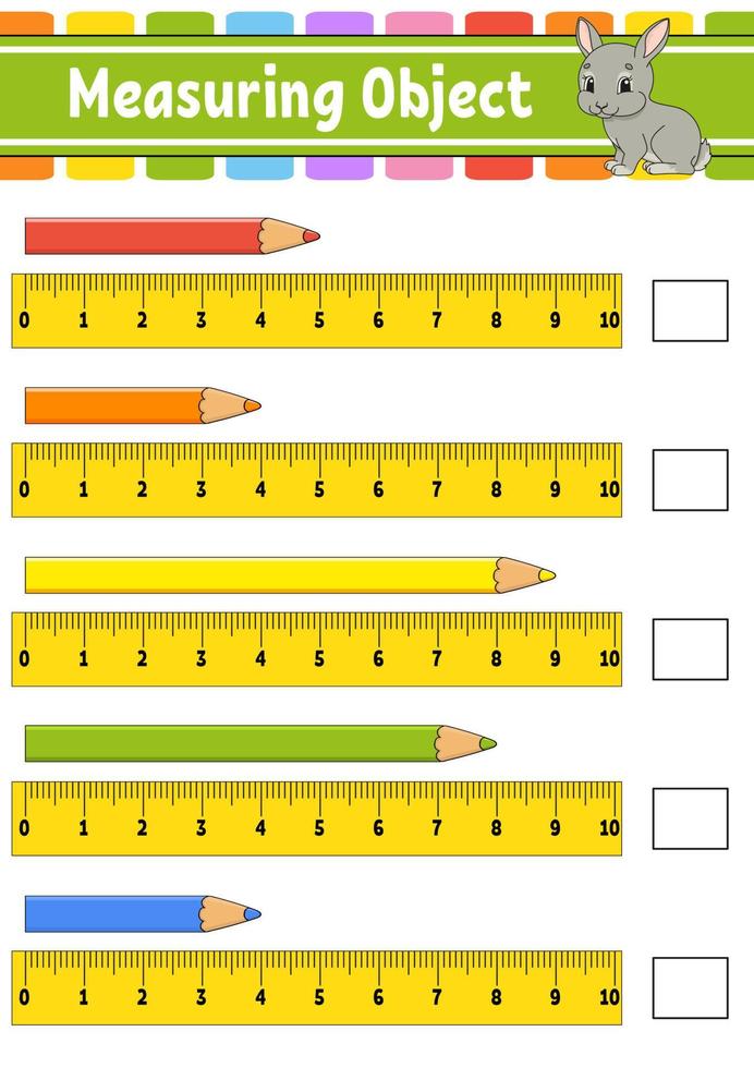 Messobjekt mit Lineal. arbeitsblatt zur bildungsentwicklung. Spiel für Kinder. Aktivitätsseite in Farbe. Puzzle für Kinder. süßer Charakter. Vektor-Illustration. Cartoon-Stil. vektor