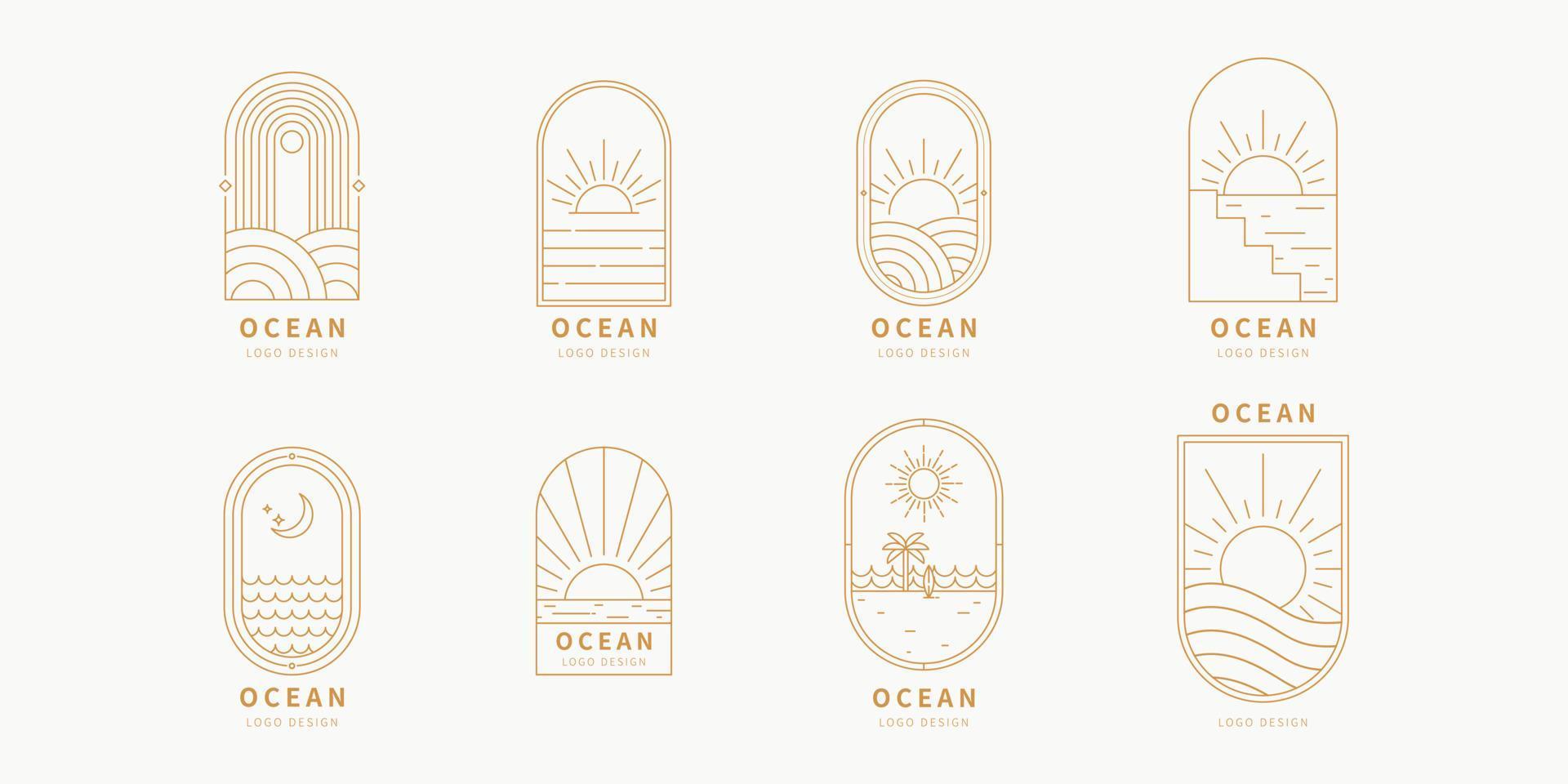 ocean logotyp mall. sommarlogotyp. vektor design linjär mall logotyper, ikon, tecken isolerad på vit bakgrund.