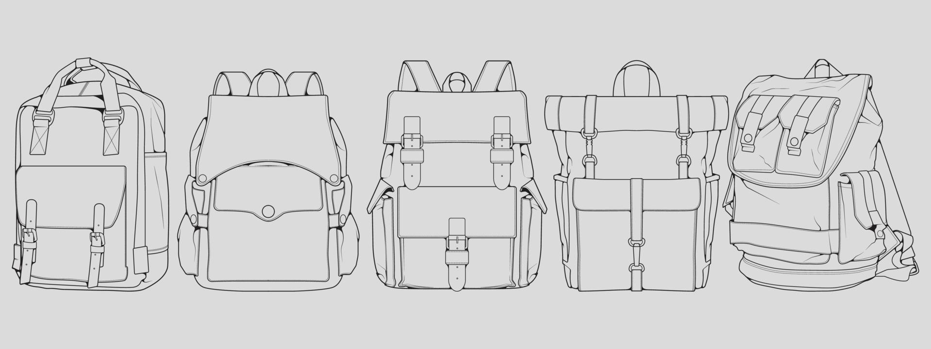 Satz Rucksackumrisszeichnungsvektor, Satz Rucksack im Skizzenstil, Umriss der Trainervorlage, Vektorillustration. vektor