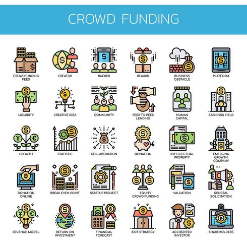 Crowdfunding dünne Linie Icons vektor