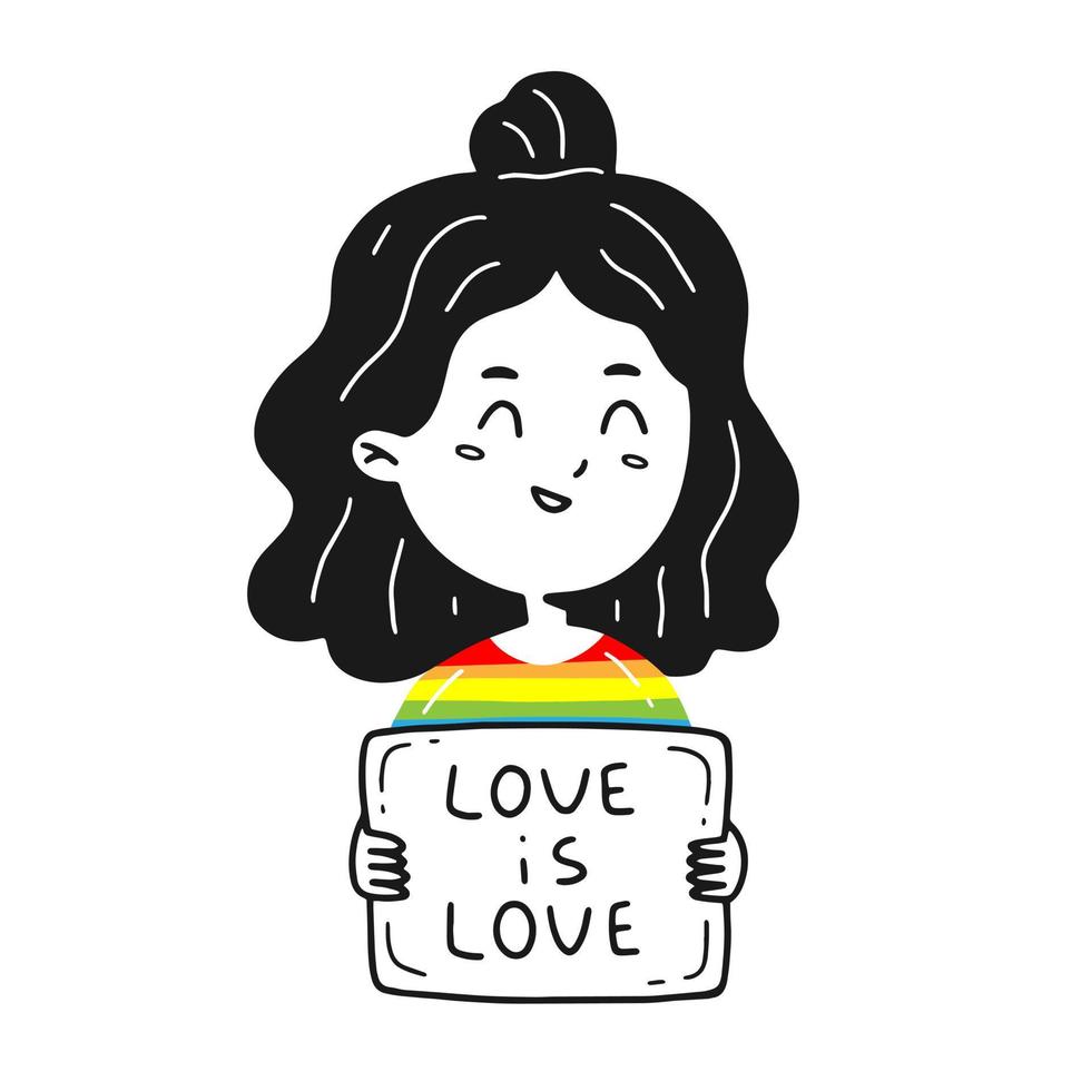 ein junges mädchen hält ein plakat mit der aufschrift liebe ist liebe. ein mädchen in einem lgbt-t-shirt. vektor isolierte illustration.