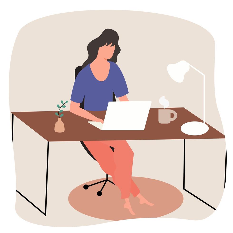 kvinnan sitter och skriver på laptop.she arbetar hemma vektor