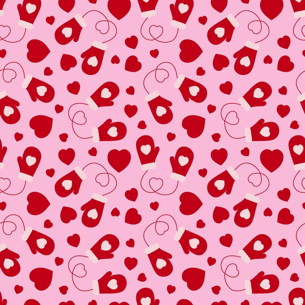 seamless mönster av vantar och hjärtan på en rosa bakgrund. vektor