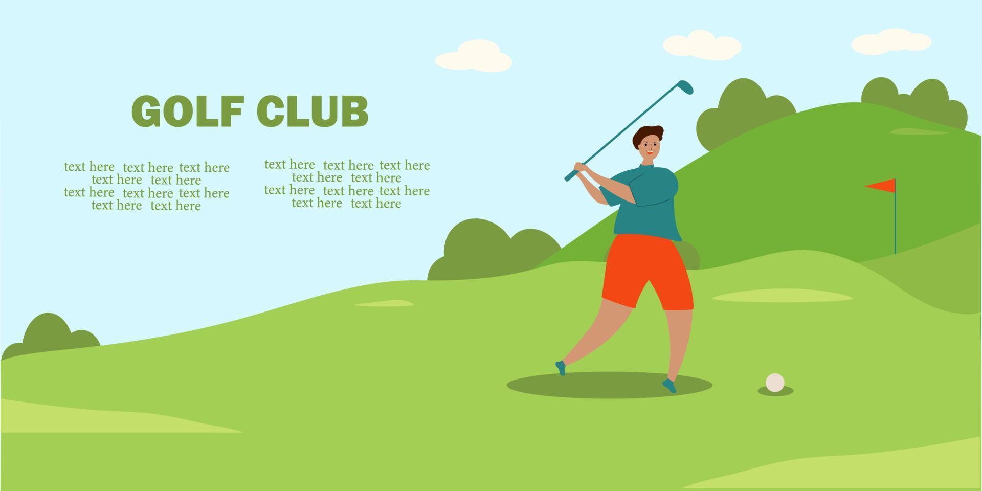 folk spelar golf på golfbanan. banner med plats för texten. roliga utomhussporter. golfklubb. platt vektor illustration.