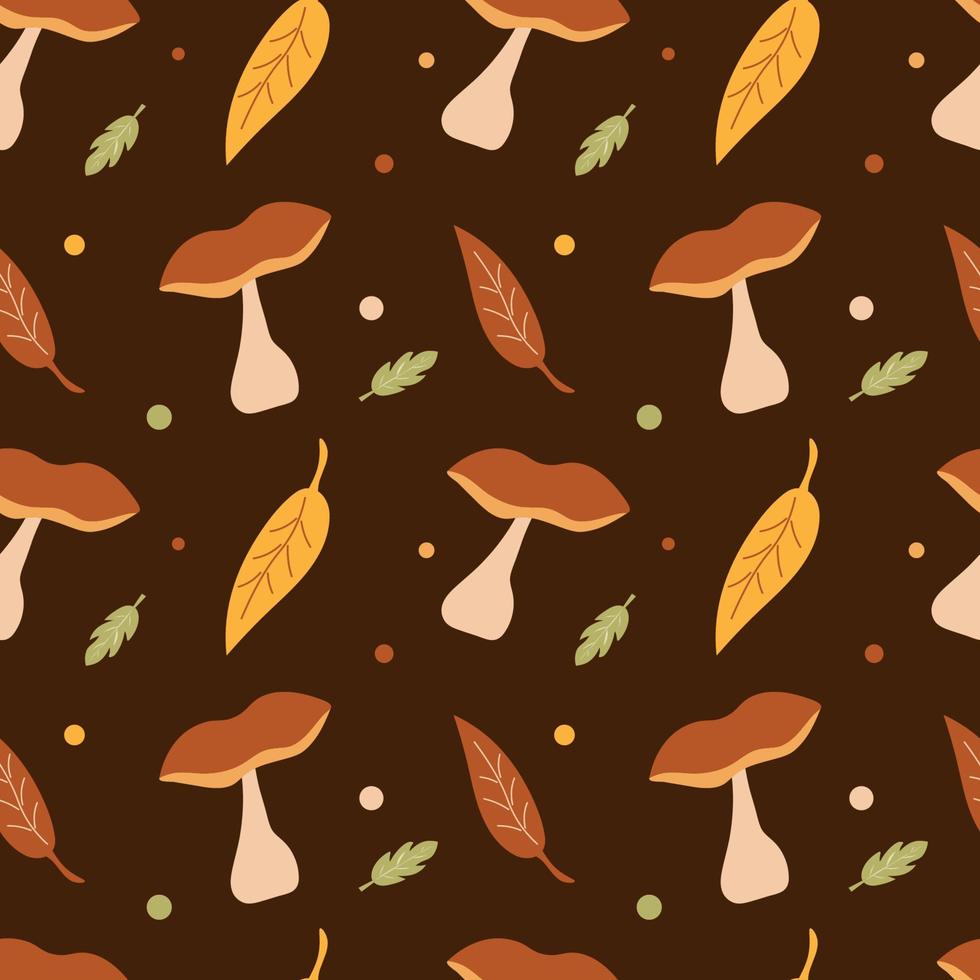seamless mönster med svamp och blad på en brun bakgrund. höst. tyg, tapeter eller omslagspapper. illustration. vektor