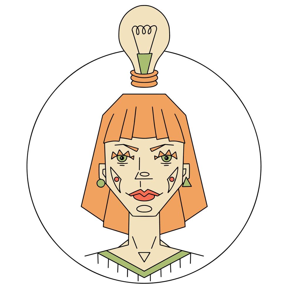 Mädchen mit einer leuchtenden Glühbirne. vektorgeometrische stilisierte illustration mit geschäftsideenkonzept und kreativer lösung. vektor