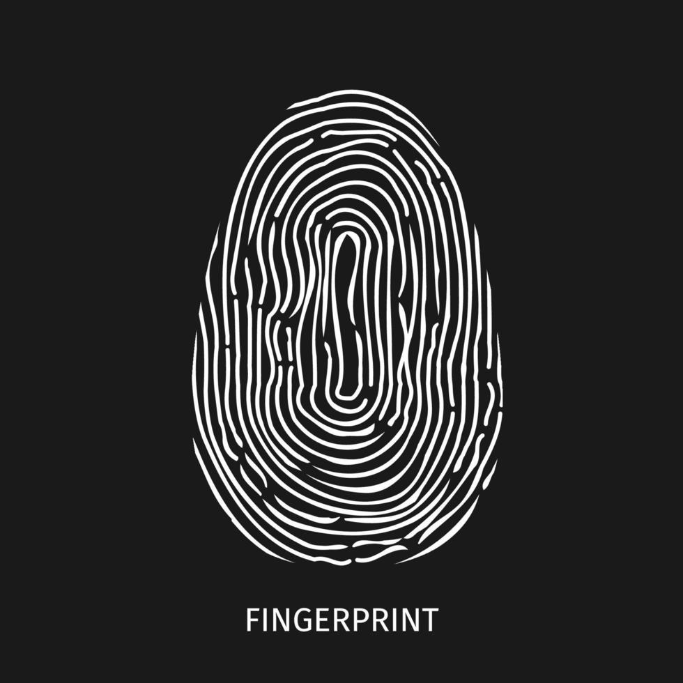 Fingerabdruck-Vektorsymbol. Konzept der elektronischen Signatur. Biometrische Technologie für die Identität von Personen. Sicherheitszugangsberechtigungssystem. weißer Fingerabdruck auf schwarzem Hintergrund. vektor