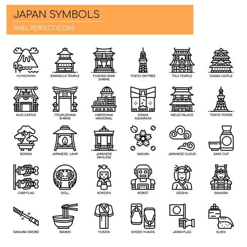 Japans symboler tunn linje ikoner vektor