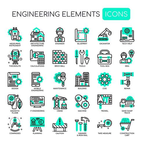 Tekniska element monokrom tunn linje ikoner vektor